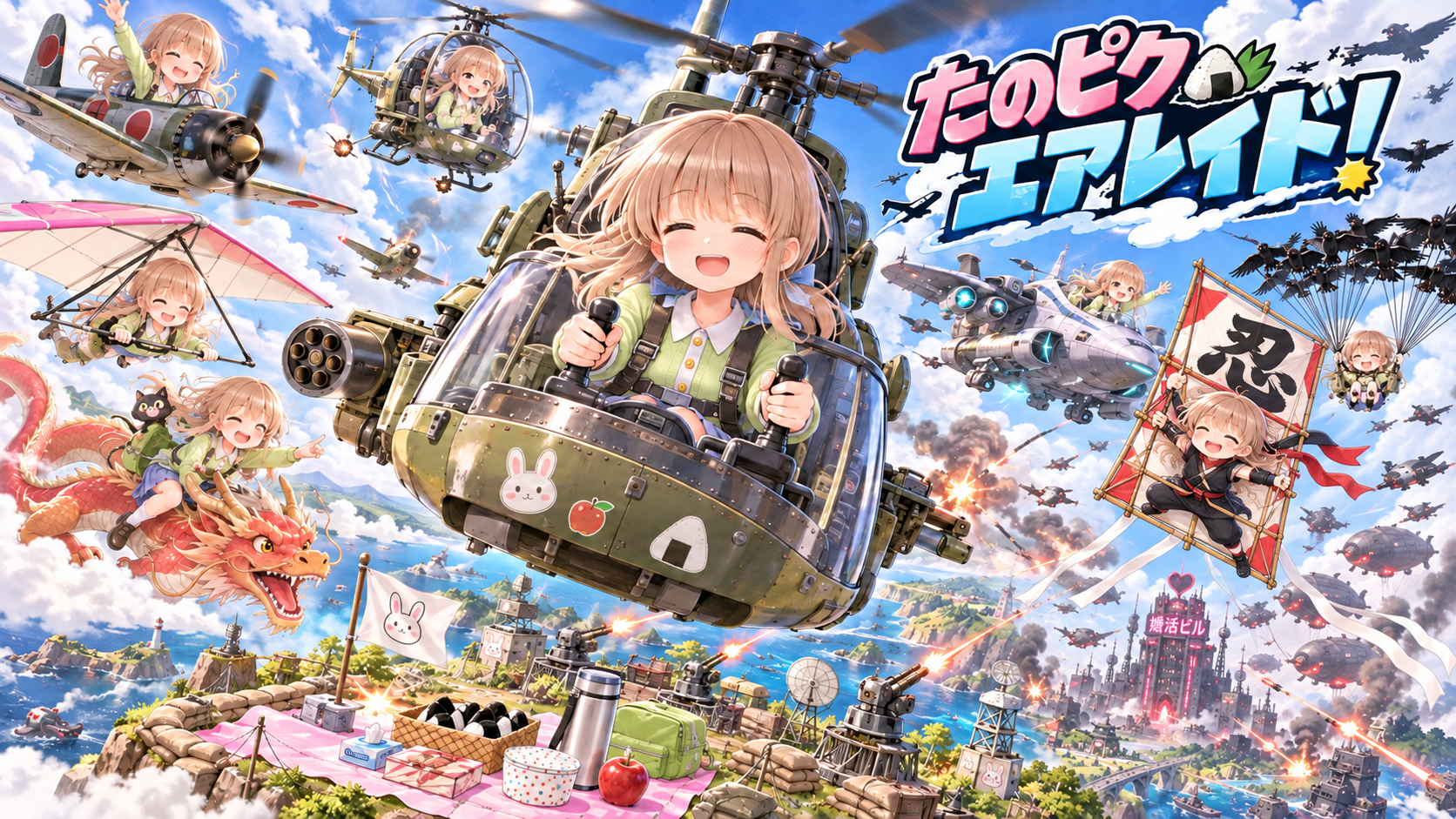 空を楽しく飛ぶ主人公と7種類の機体。たのピク・エアレイド！タイトルロゴ入り