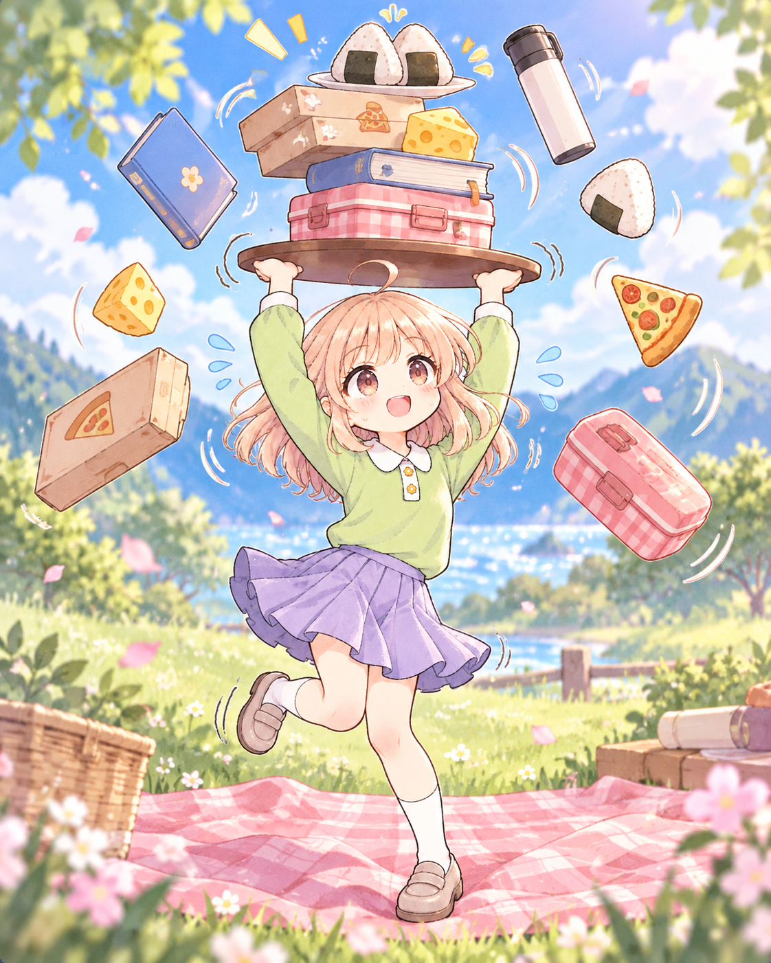 通常衣装のたのピクちゃんがピクニックアイテムをバランス良く積み上げているイメージイラスト