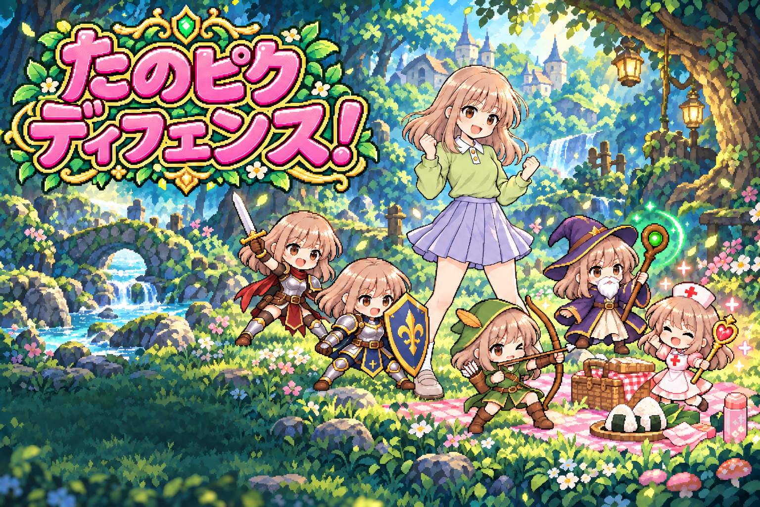 たのピクディフェンス！のロゴと、ピンクのシートとおにぎりを守る主人公と5人の分身